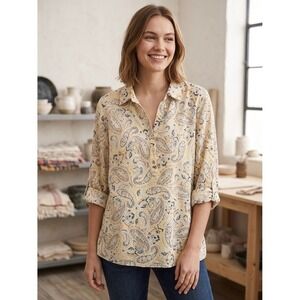 J. Jill Yellow Paisley Print Button Tab Tunic Top 2X 259771 Cotton Rayon Blend